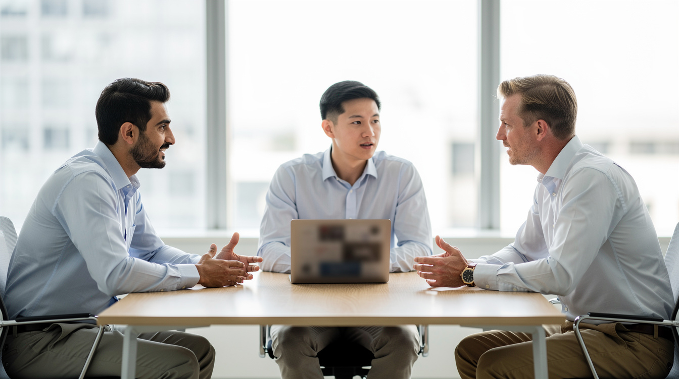 Three men discussing at a table with a laptop